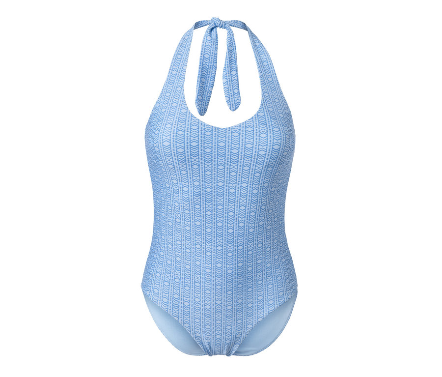 Maillot de bain bleu avec des matériaux recyclés et un motif géométrique.