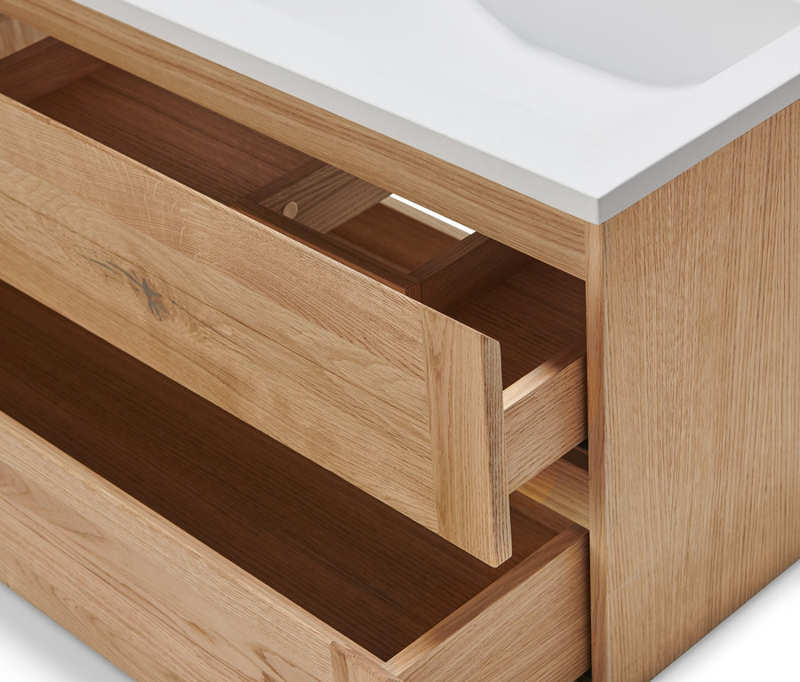 Vue détaillée d'un meuble-lavabo double avec 2 tiroirs partiellement ouverts.