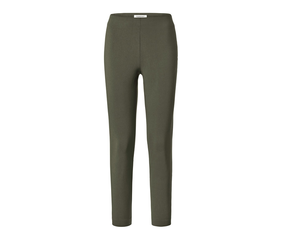 Un pantalon stretch olive sur fond blanc.