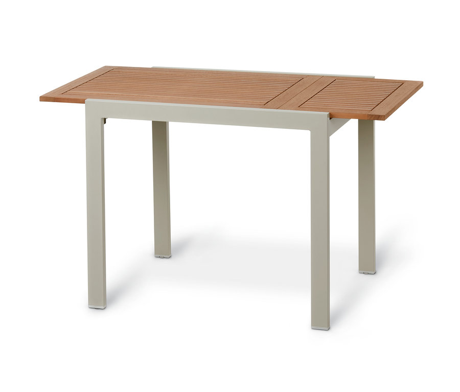 Table de jardin extensible avec pieds en aluminium et plateau en bois d'eucalyptus.