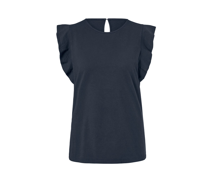Un top bleu marine foncé pour femmes EarthColors® avec des manches à volants.