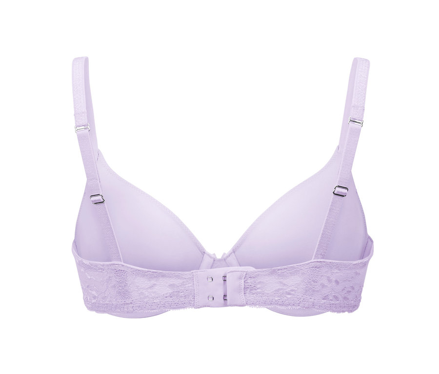 Détail d'un soutien-gorge à armatures lilas avec de la dentelle.