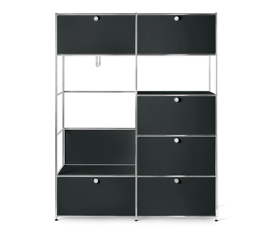 Système d'armoires en métal noir « CN3 » avec étagères et tiroirs.