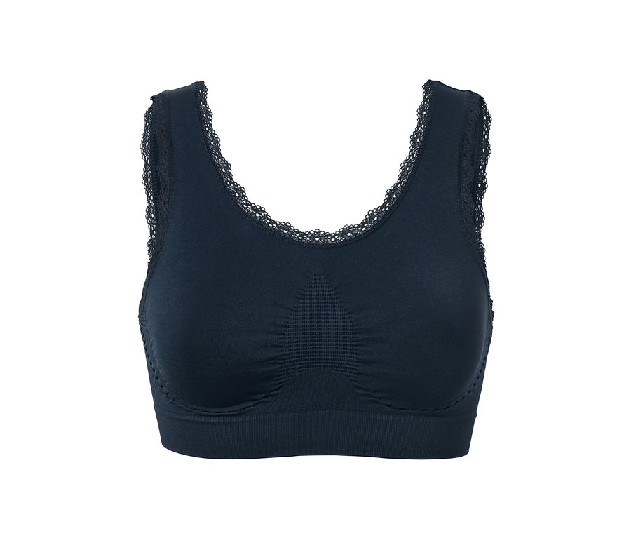 Vue détaillée d'une brassière bleue sans coutures.