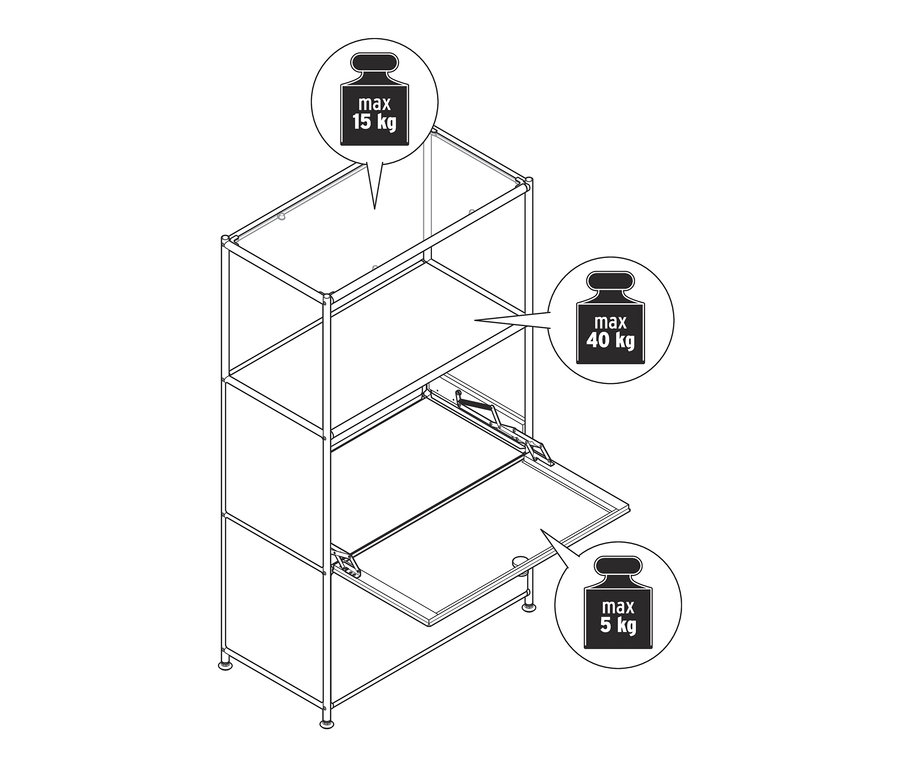 Schéma d'une commode en métal « CN3 » à deux abattants. La charge maximale pour l'étagère supérieure est de 15 kg, pour l'étagère du milieu de 40 kg et pour les abattants de 5 kg.