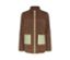 Veste en teddy beige et vert avec fermeture éclair sur le devant et deux poches.