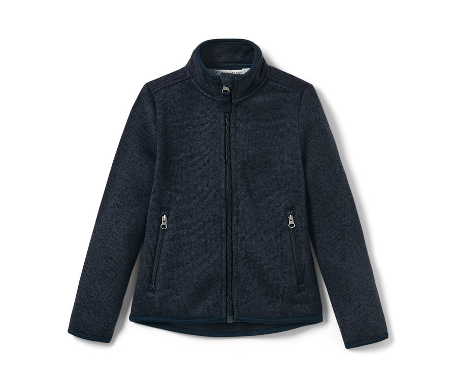 Une veste en maille polaire bleu marine pour enfant avec une fermeture éclair au centre.