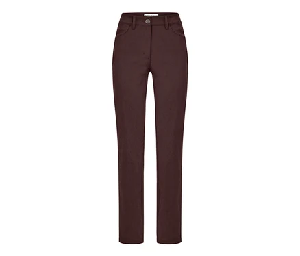 Un pantalon en bengaline marron sur fond blanc.