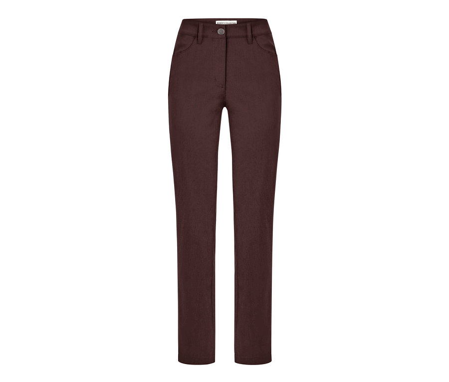 Un pantalon en bengaline marron sur fond blanc.