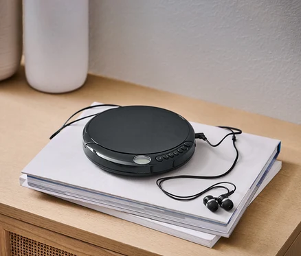 Un lecteur CD portable noir avec des écouteurs noirs est posé sur deux livres.