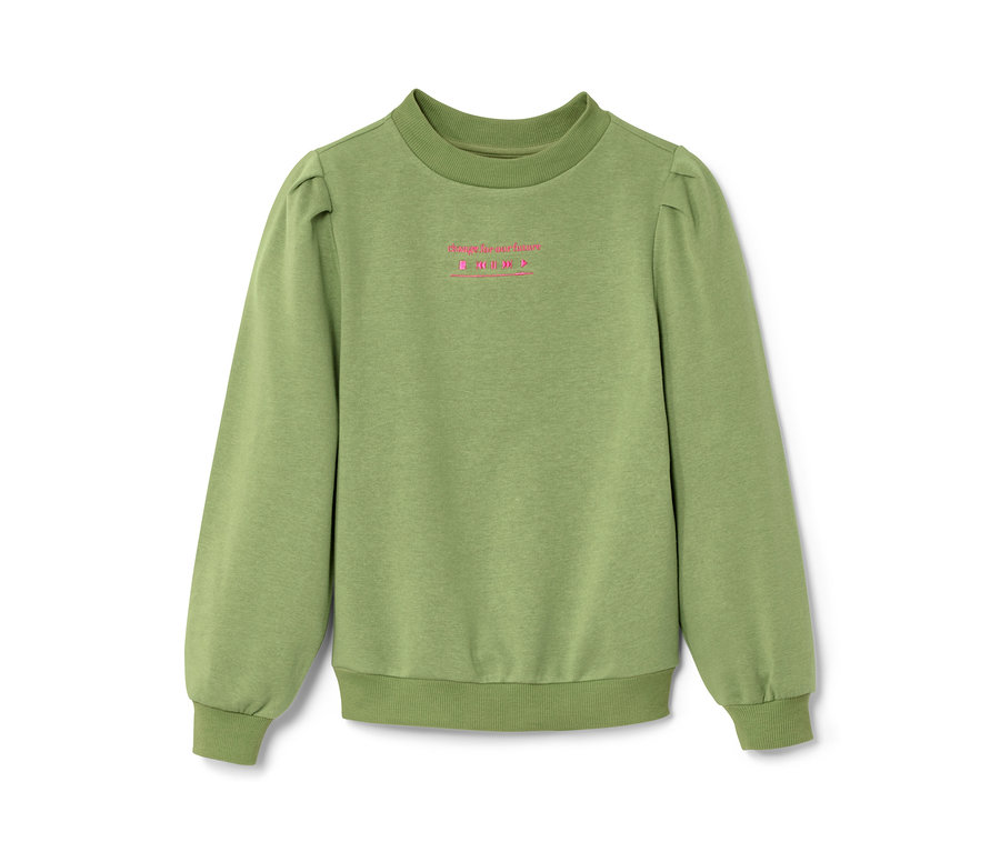Un sweat-shirt court vert pour enfants posé sur un fond blanc.