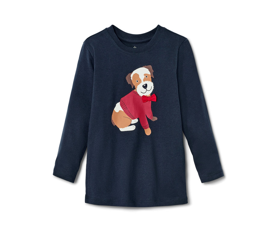 T-shirt manches longues bleu marine pour tout-petits avec un chien portant un nœud papillon rouge.
