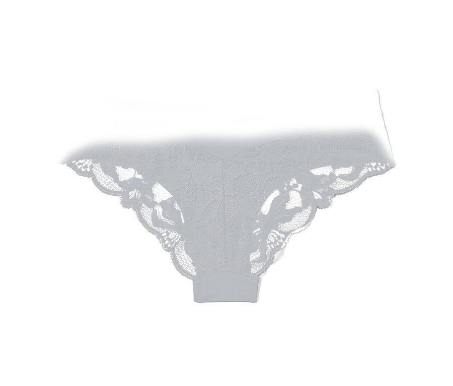 Slip brésilien bleu avec détails en dentelle florale.