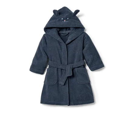 Peignoir bleu pour enfant avec capuche et oreilles.