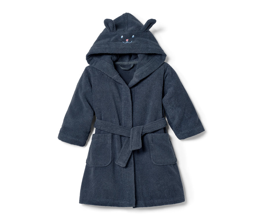 Peignoir bleu pour enfant avec capuche et oreilles.