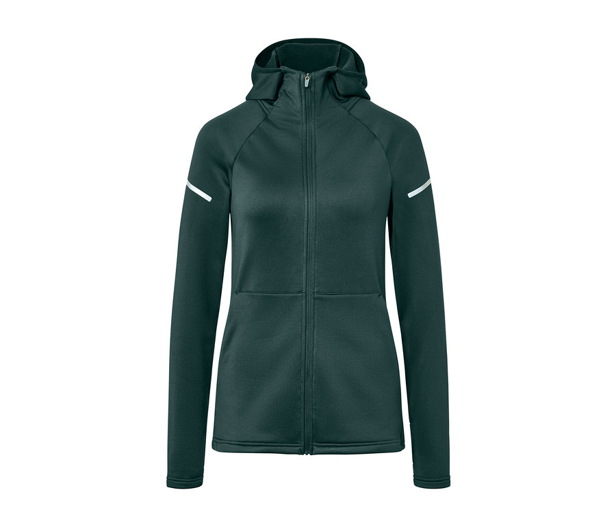 Veste thermique vert foncé avec fermeture éclair et capuche.