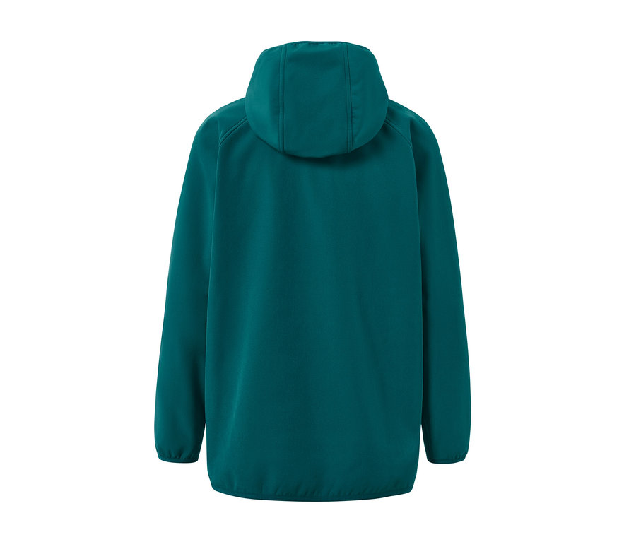 Vue arrière d'une veste en softshell à capuche.