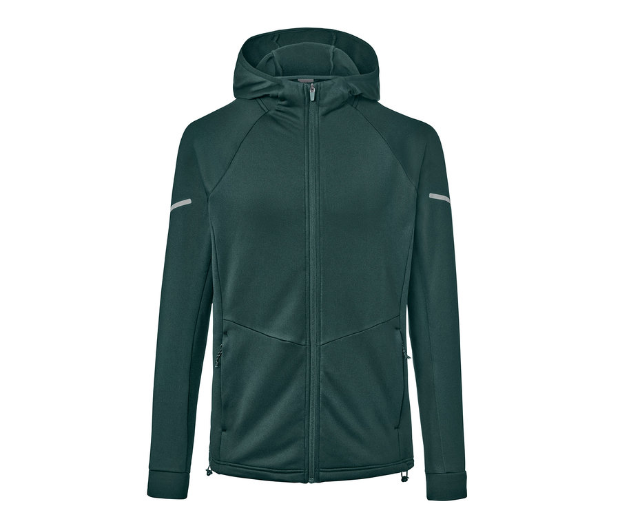 Veste thermique vert foncé avec fermeture éclair et capuche.