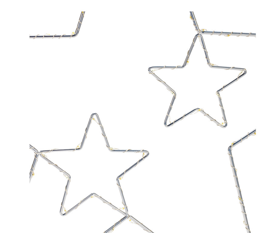 Gros plan sur plusieurs grandes étoiles métalliques à LED à suspendre.