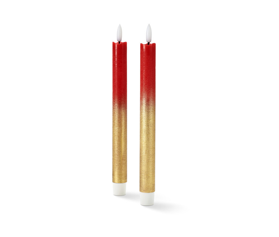 Deux bougies longues à LED en cire véritable, rouge et doré.