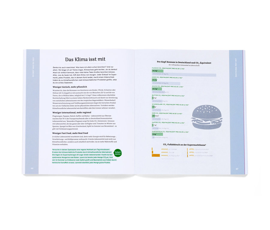 Une page de livre avec du texte en haut et des infographies en bas. Le livre s'intitule « Cuisiner bien, mais durablement » (en allemand).