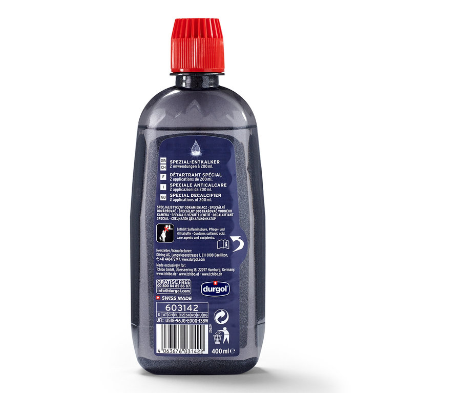 Une bouteille de Détartrant spécial durgol®, 400 ml, avec un bouchon rouge.