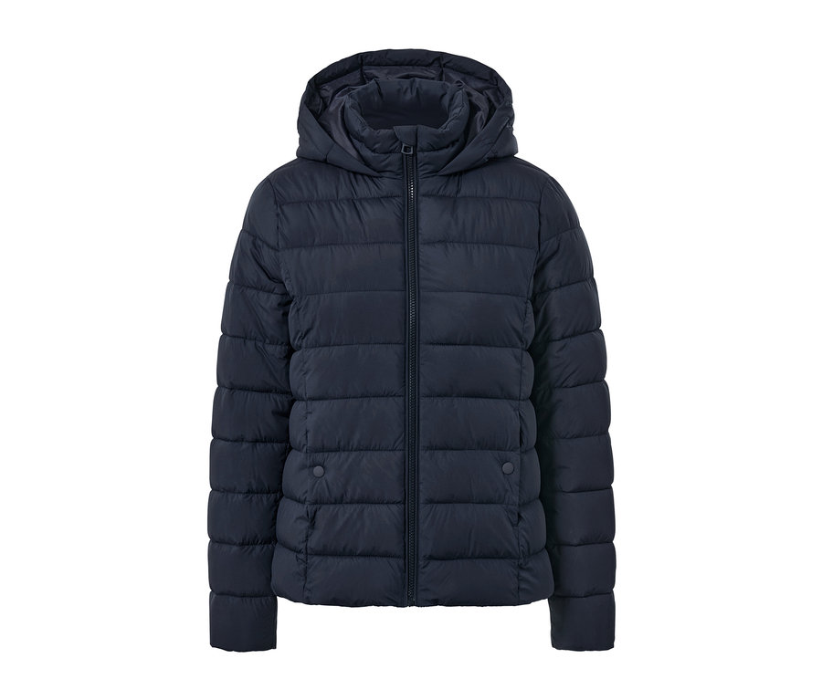 Veste matelassée à capuche bleu foncé avec fermeture éclair.