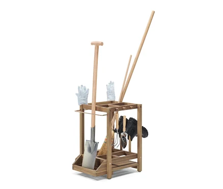 Un support pour équipements contenant une pelle, des gants et d'autres outils de jardinage.