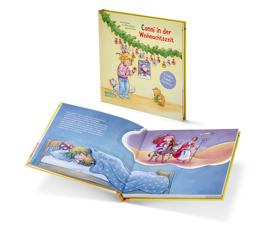 Un livre ouvert montre une fille dormant dans son lit et rêvant de Saint Nicolas et du Père Noël.