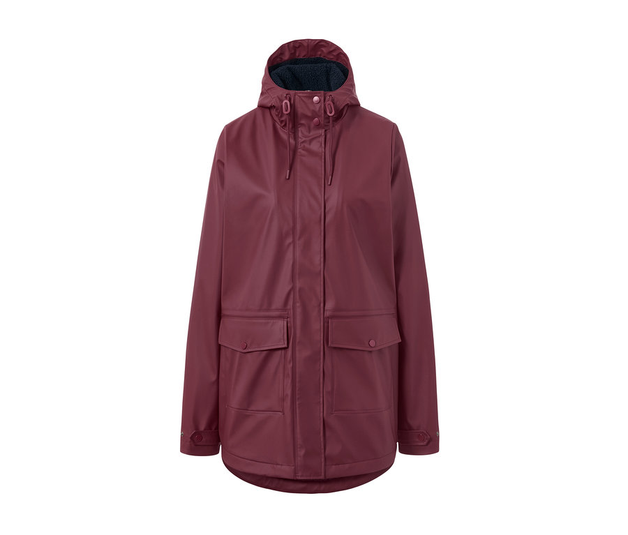 Manteau de pluie en teddy bordeaux avec capuche et poches.