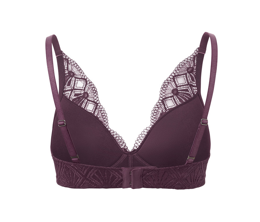 Vue détaillée de l'arrière d'un soutien-gorge à coques souples aubergine.