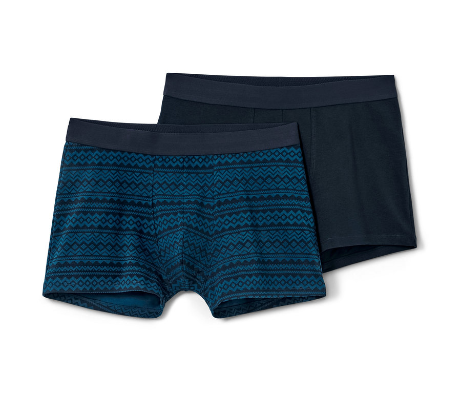 Deux boxers, un avec un motif norvégien, l'autre bleu foncé.