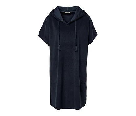 Robe de plage bleue en tissu éponge avec capuche, manches courtes et cordons.