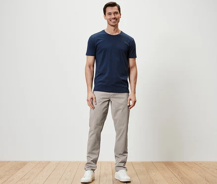 Un homme debout portant un pantalon 5 poches, un t-shirt et des baskets.