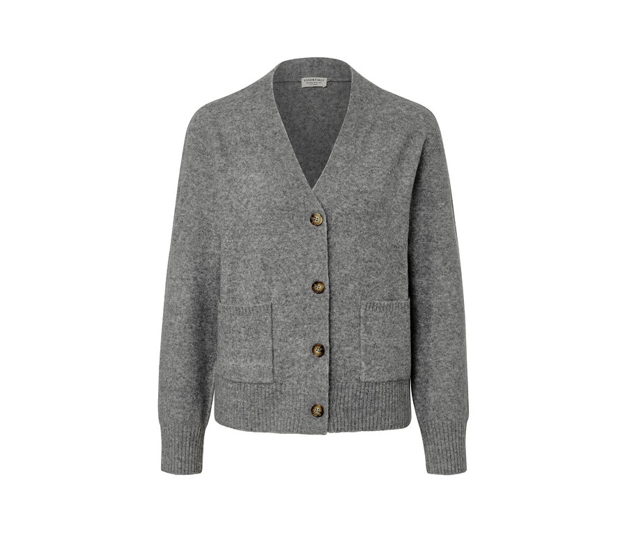 Jaquette en maille grise chinée avec de la laine.