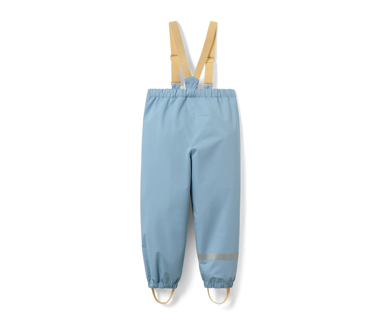 Pantalon imperméable pour tout-petit bleu clair avec bretelles beige.