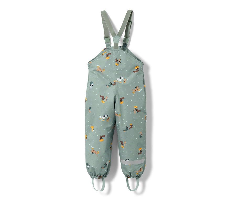 Pantalon de pluie thermique vert pour enfant avec motif de chiens.