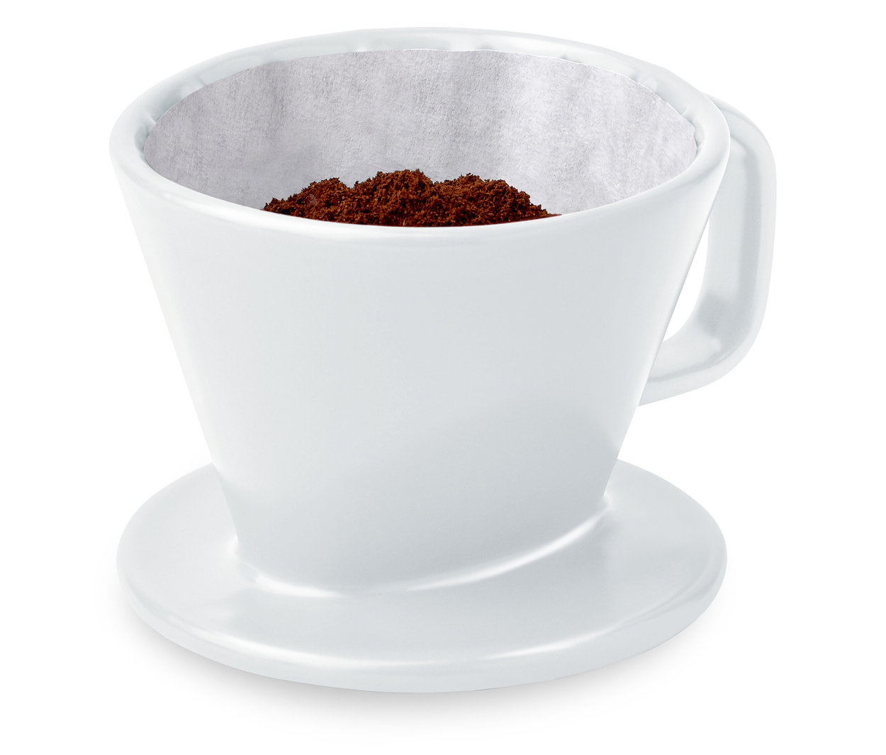 Un filtre à café manuel blanc, taille 101, rempli d'un filtre en papier et de café moulu. Fait partie d'un Handzubereitungs-Starterset.