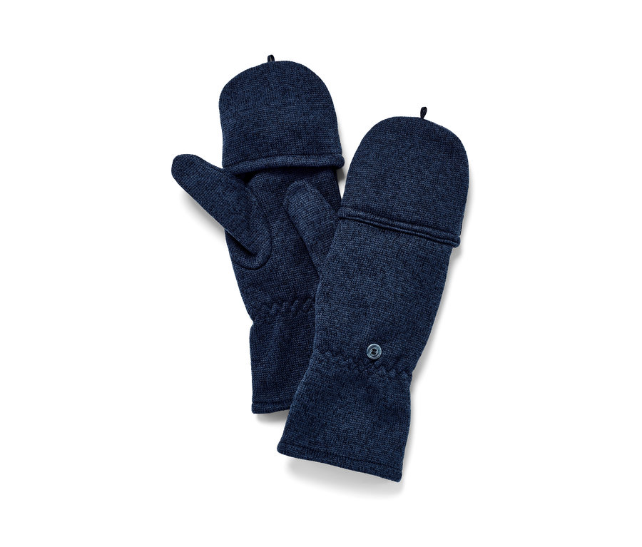 Deux moufles convertibles en polaire tricotée bleu foncé sont posées sur un fond blanc.