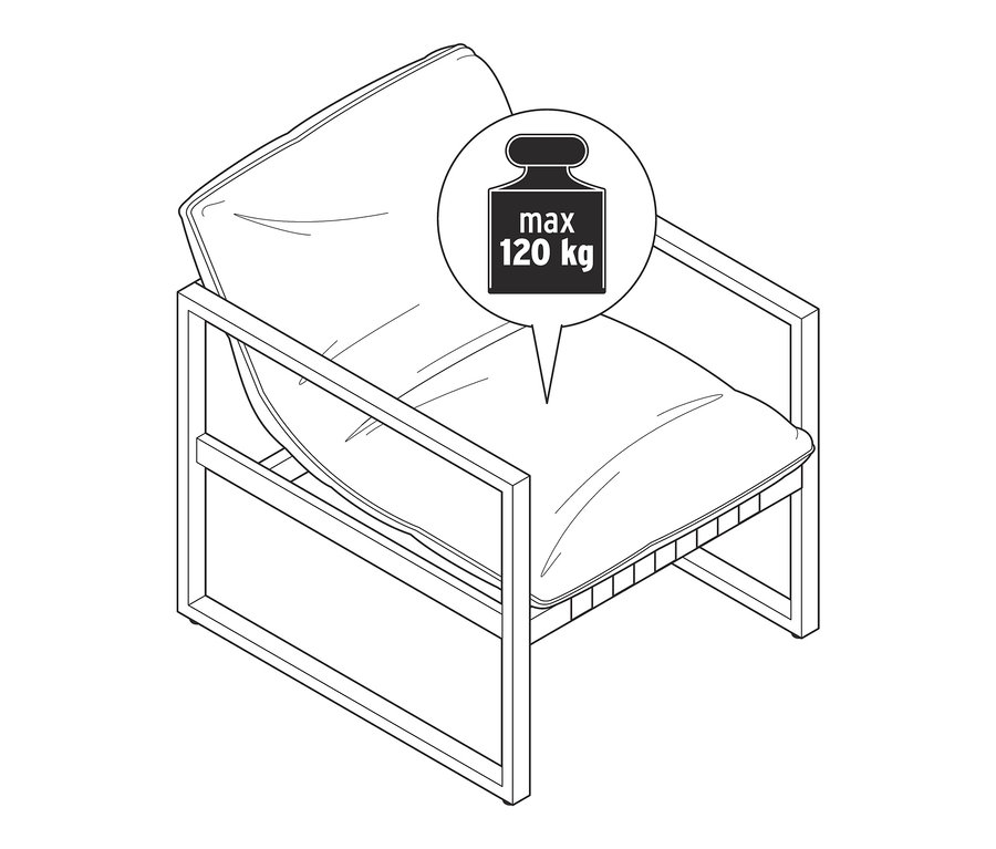 Dessin d'un fauteuil relax avec une charge maximale de 120 kg.