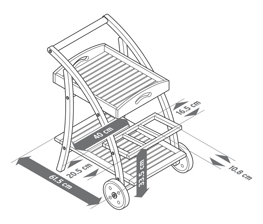 Illustration d'un chariot de bar avec plateau amovible et dimensions.