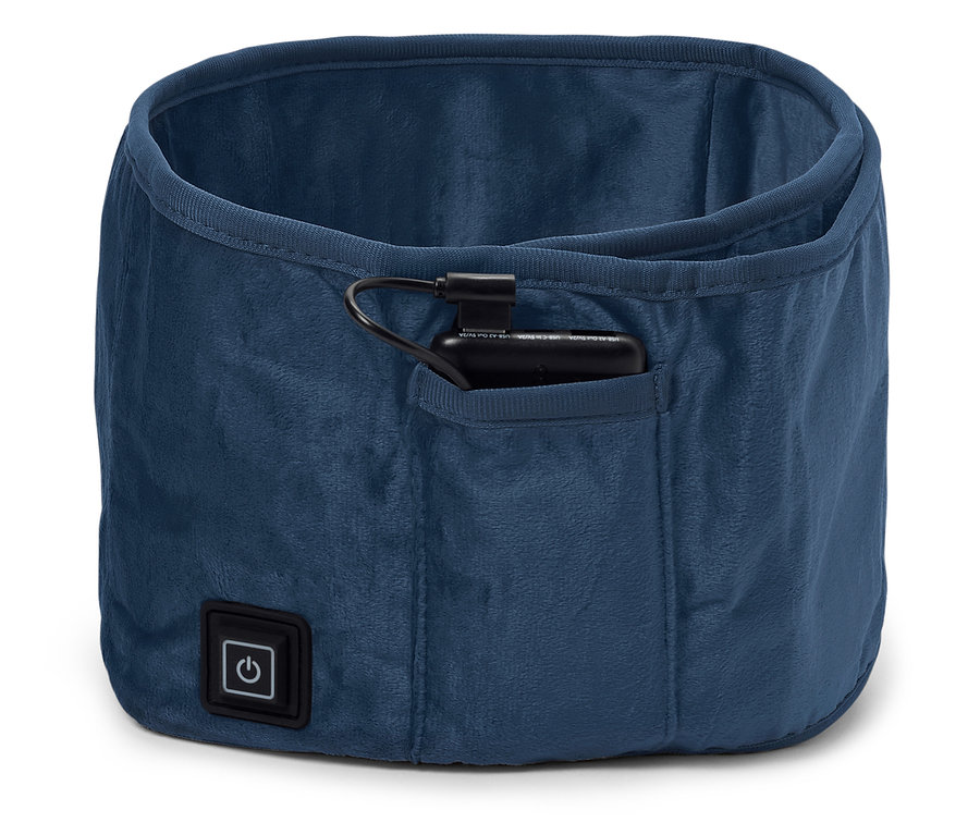Cache-cou chauffant bleu avec bloc d'alimentation dans la poche.