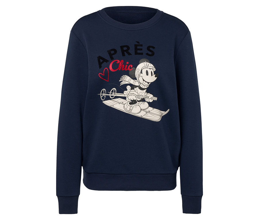 Sweat-shirt bleu marine avec un imprimé de Mickey Mouse sur un traîneau.
