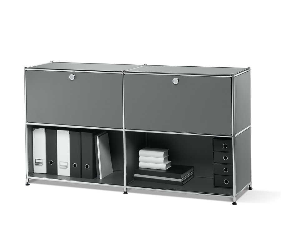 Buffet en métal gris avec 2 abattants amovibles et étagères avec des livres et des classeurs.