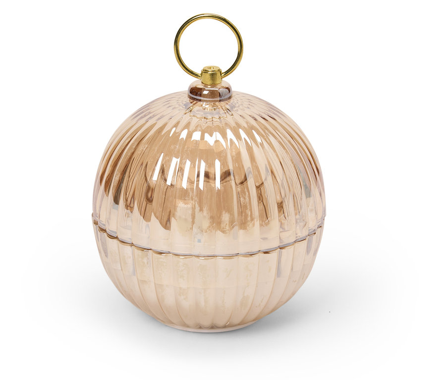 Boîte décorative en verre en forme de boule avec une surface rainurée et une poignée dorée.