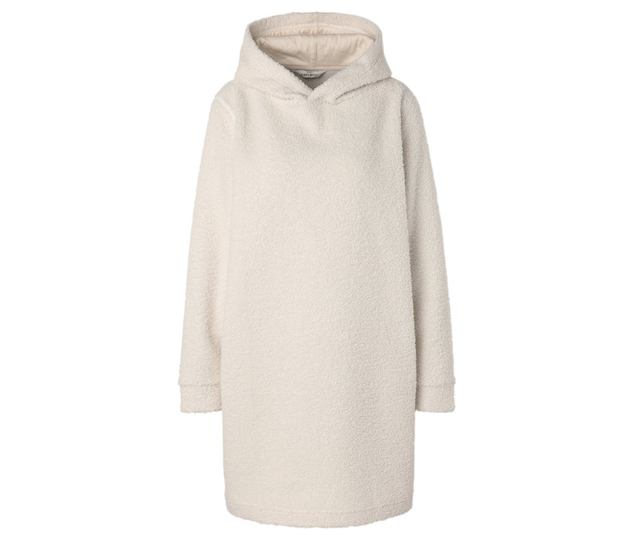 Robe sweat à capuche crème et duveteuse.