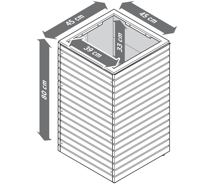Dimensions du set de pots « Tinus » : 80 cm de hauteur, 45 cm de largeur et 39 cm de profondeur.