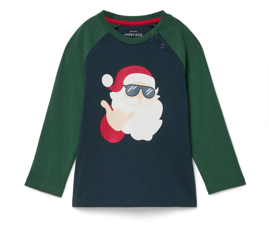 T-shirt à manches longues vert et bleu marine avec un Père Noël cool portant des lunettes de soleil.