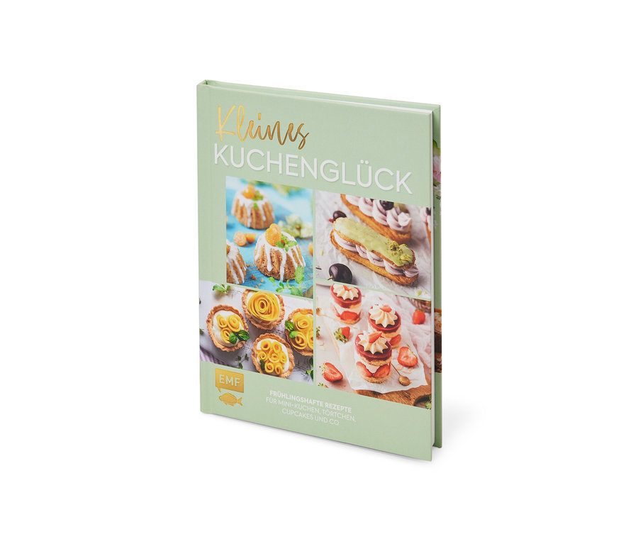 Gros plan du livre "Petit bonheur de pâtisserie" avec des images de mini-gâteaux, tartes et cupcakes.