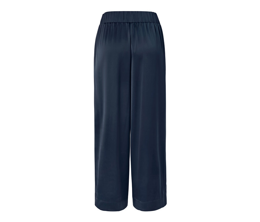 Vue arrière d'un pantalon en satin bleu marine.